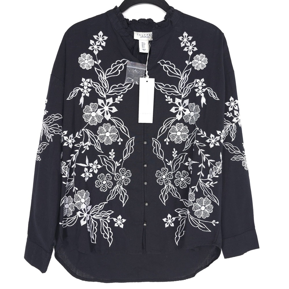 CALYPSO St. Barth NEW Women SMALL Embroidered 100% LINEN Top Shirt Black White